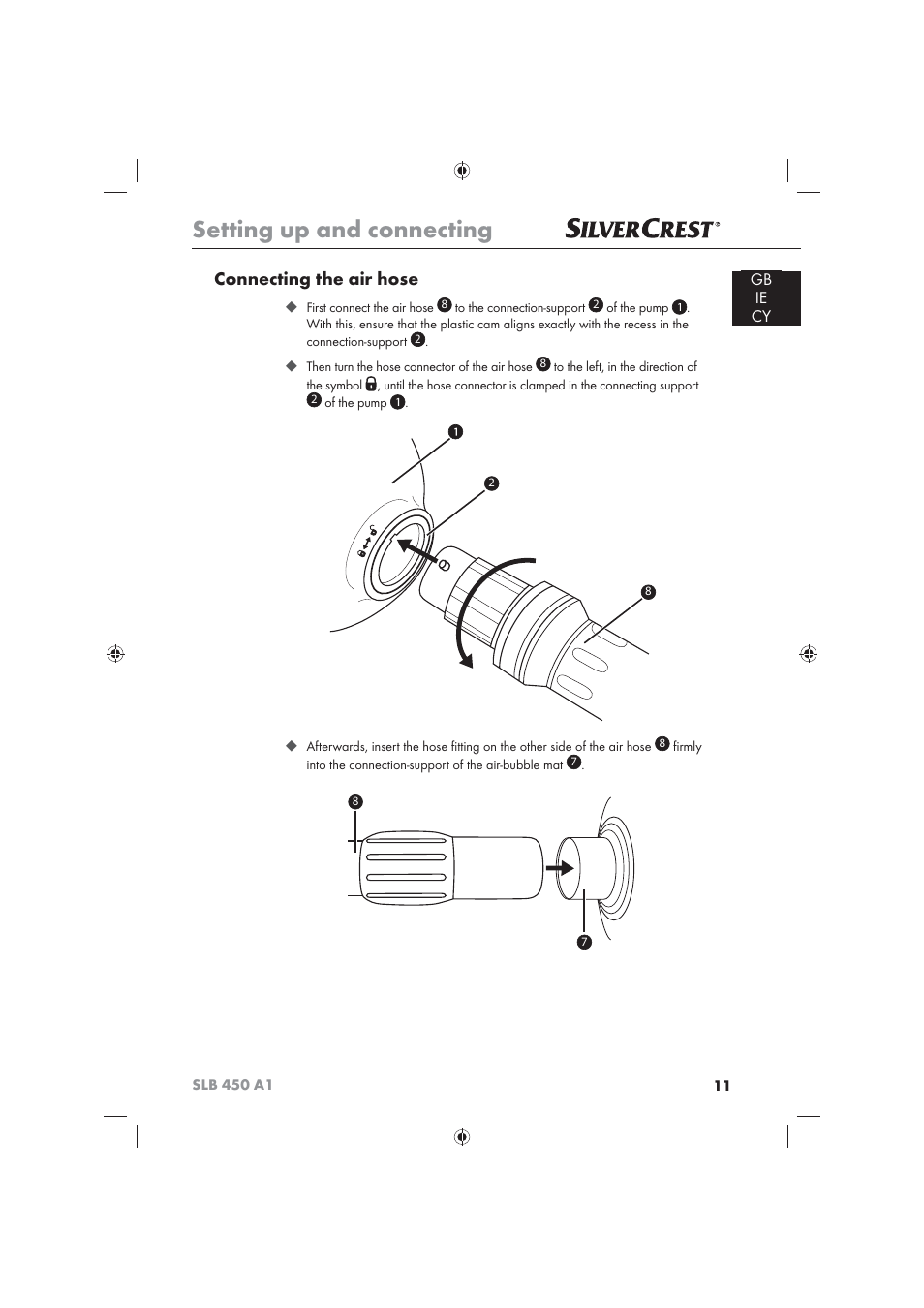 Setting up and connecting, Connecting the air hose, Gb ie cy | Silvercrest SLB 450 A16 User Manual | Page 13 / 22
