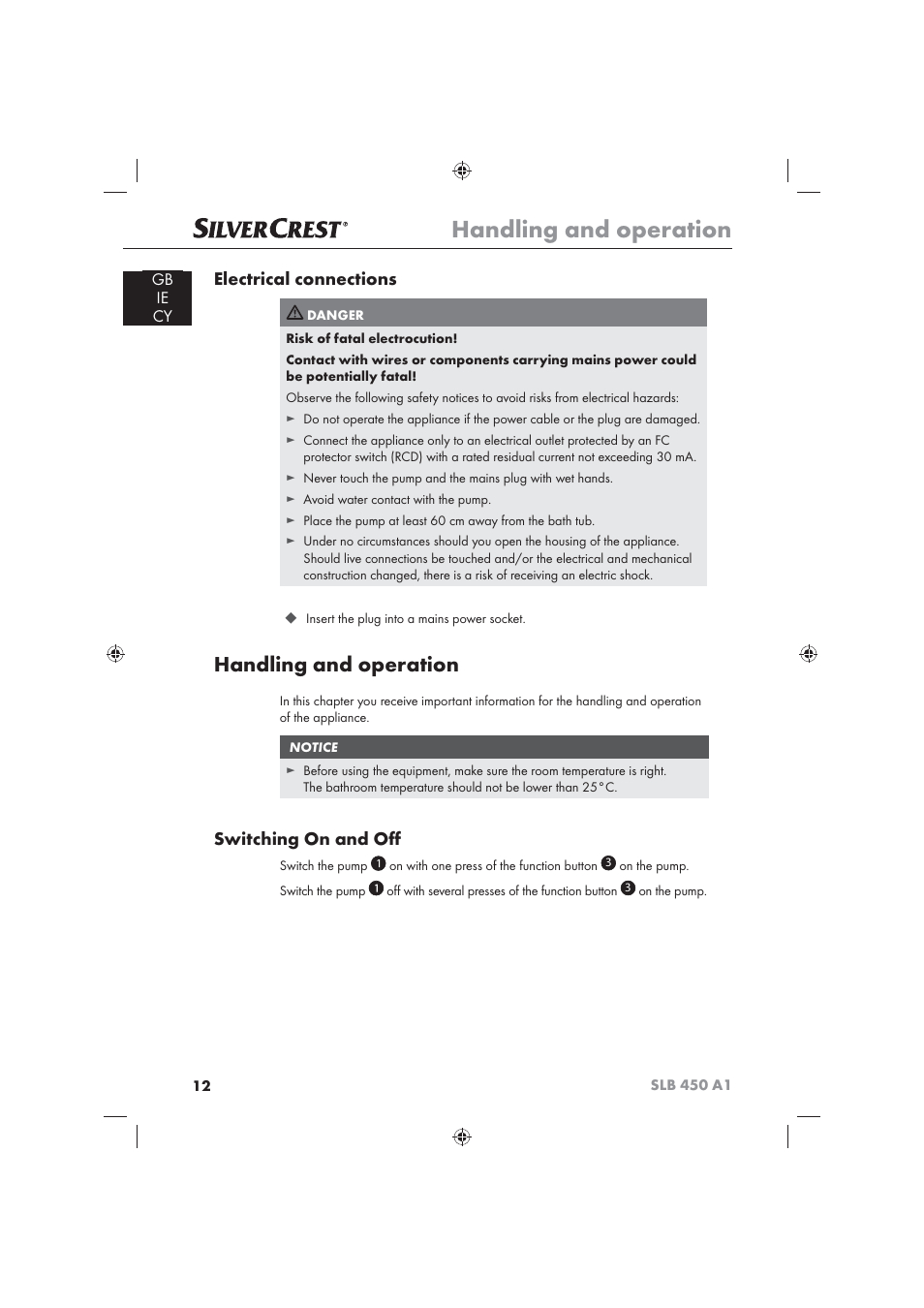 Handling and operation, Electrical connections, Switching on and oﬀ | Silvercrest SLB 450 A16 User Manual | Page 14 / 22