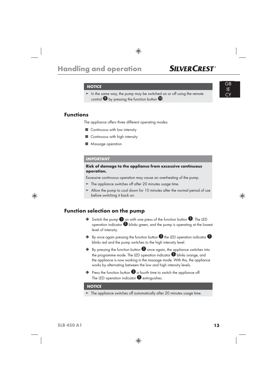 Handling and operation, Functions, Function selection on the pump | Silvercrest SLB 450 A16 User Manual | Page 15 / 22