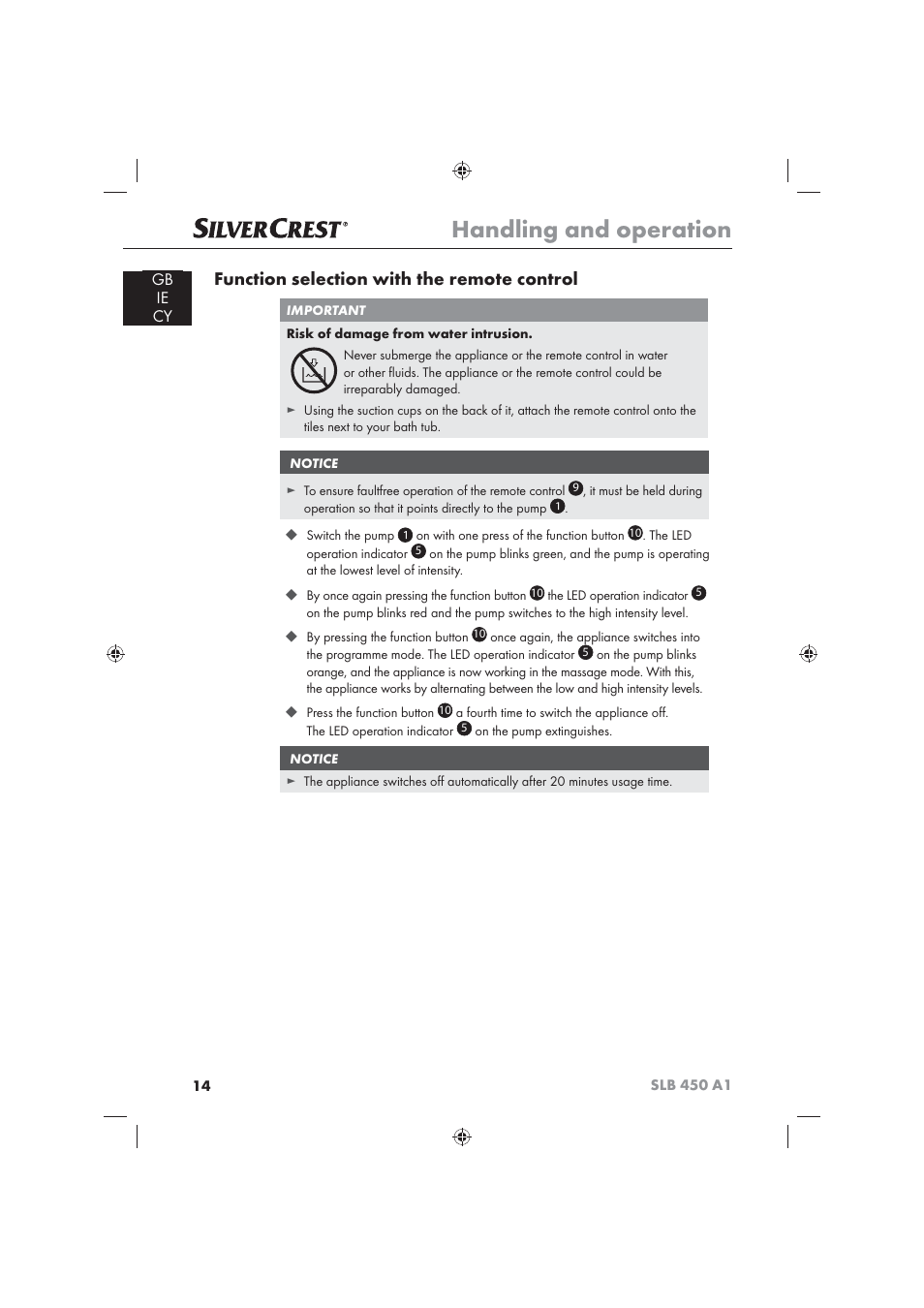 Handling and operation, Function selection with the remote control | Silvercrest SLB 450 A16 User Manual | Page 16 / 22