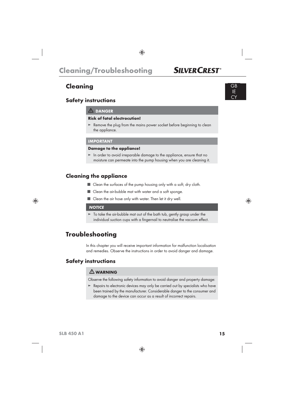 Cleaning/troubleshooting, Cleaning, Troubleshooting | Safety instructions, Cleaning the appliance | Silvercrest SLB 450 A16 User Manual | Page 17 / 22