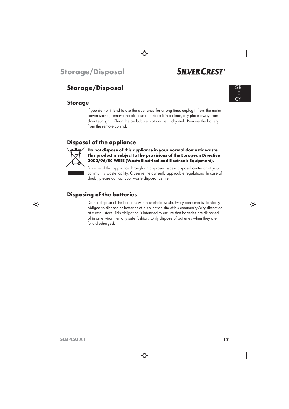 Storage/disposal, Storage, Disposal of the appliance | Disposing of the batteries | Silvercrest SLB 450 A16 User Manual | Page 19 / 22