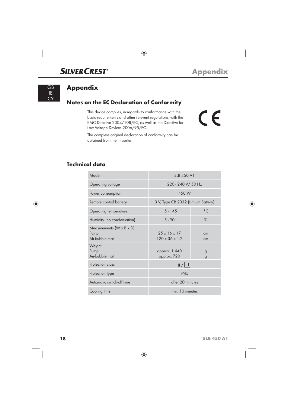 Appendix, Technical data | Silvercrest SLB 450 A16 User Manual | Page 20 / 22