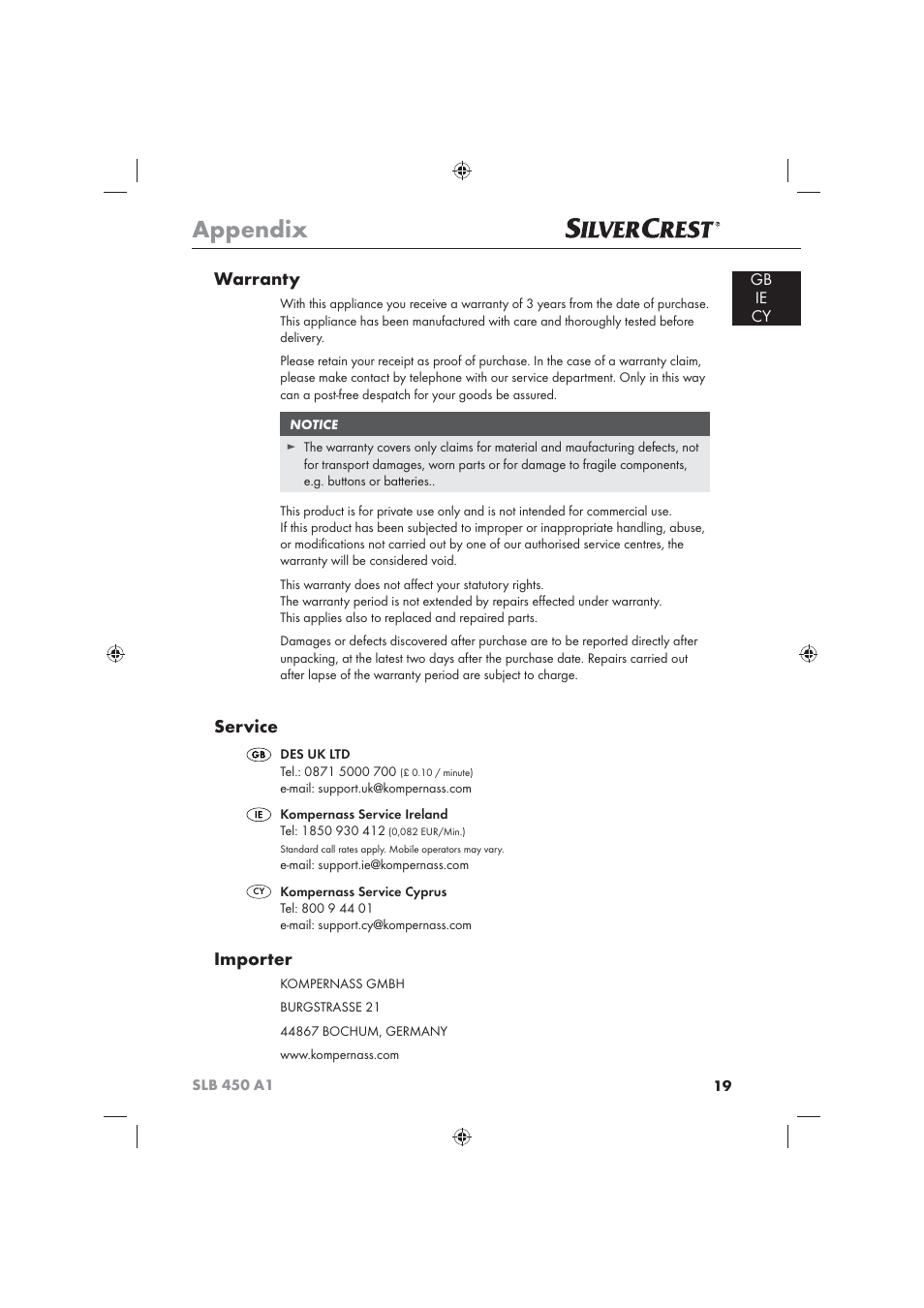 Appendix, Warranty, Service | Importer | Silvercrest SLB 450 A16 User Manual | Page 21 / 22