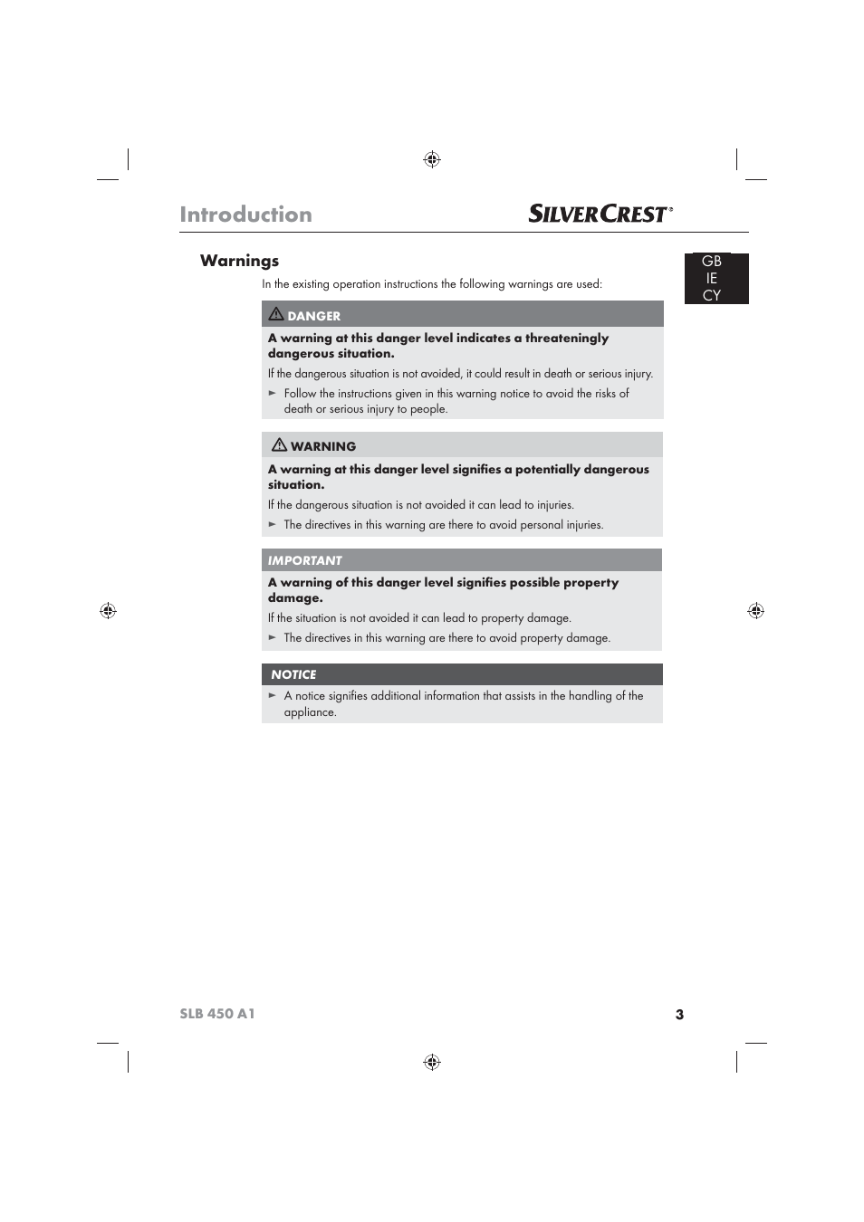 Introduction, Warnings | Silvercrest SLB 450 A16 User Manual | Page 5 / 22