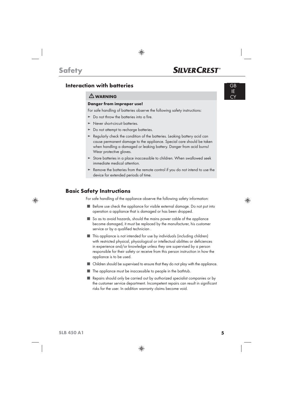 Safety, Interaction with batteries, Basic safety instructions | Silvercrest SLB 450 A16 User Manual | Page 7 / 22