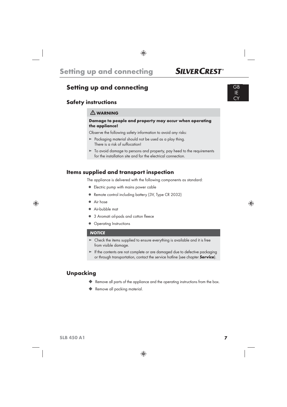 Setting up and connecting, Safety instructions, Items supplied and transport inspection | Unpacking | Silvercrest SLB 450 A16 User Manual | Page 9 / 22