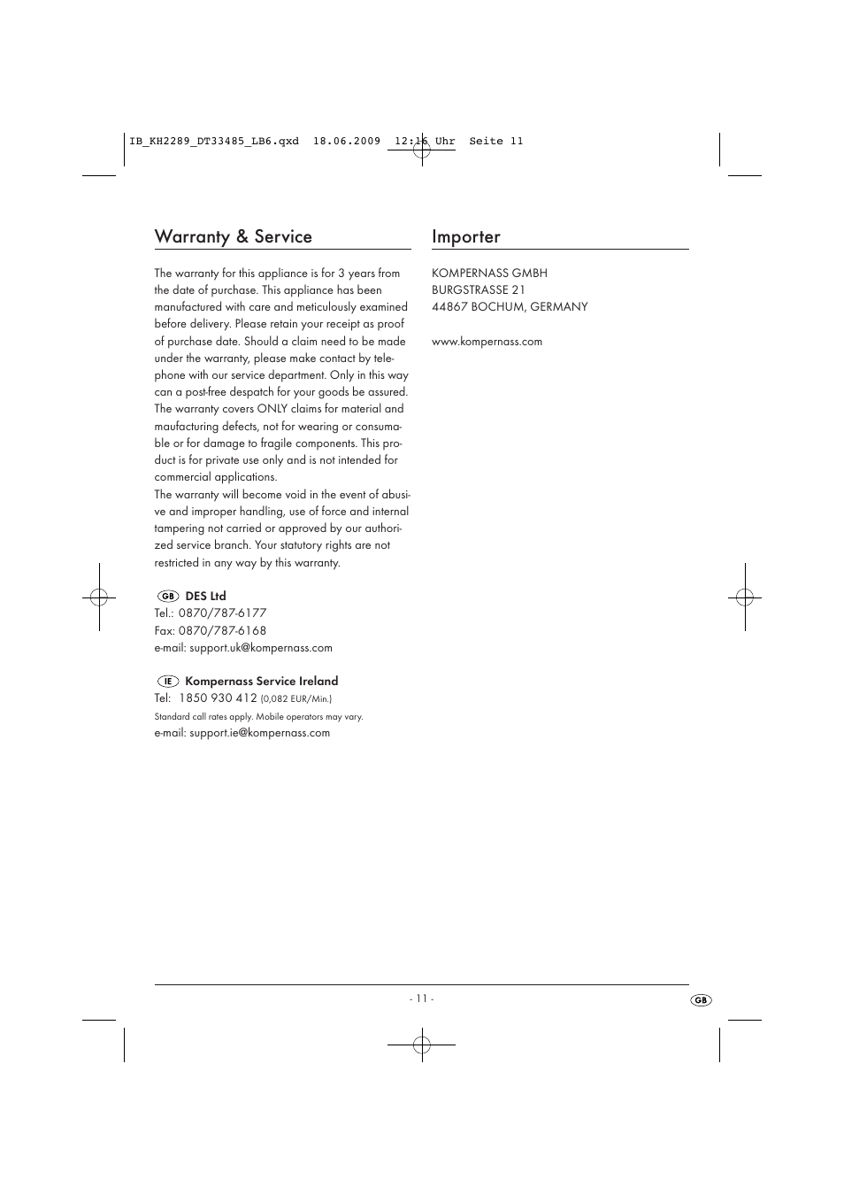 Warranty & service, Importer | Silvercrest KH 2289 User Manual | Page 13 / 14