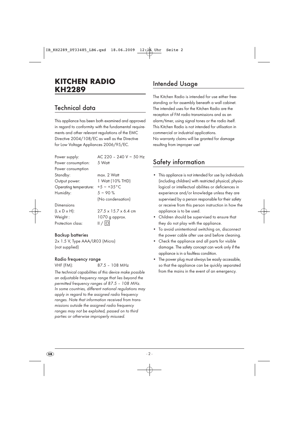Kitchen radio kh2289, Technical data, Intended usage | Safety information | Silvercrest KH 2289 User Manual | Page 4 / 14