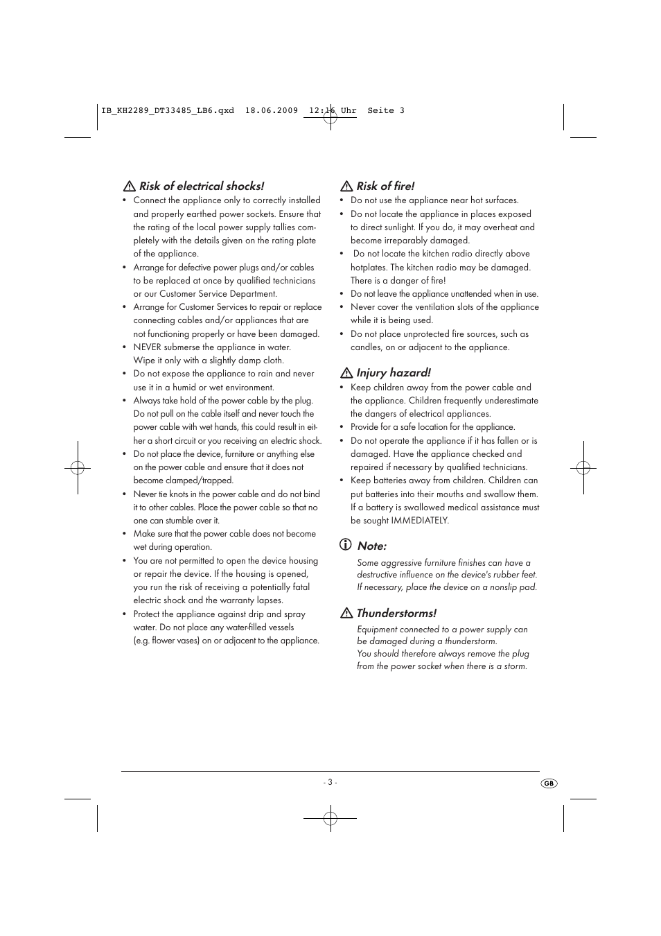 Risk of electrical shocks, Risk of fire, Injury hazard | Thunderstorms | Silvercrest KH 2289 User Manual | Page 5 / 14