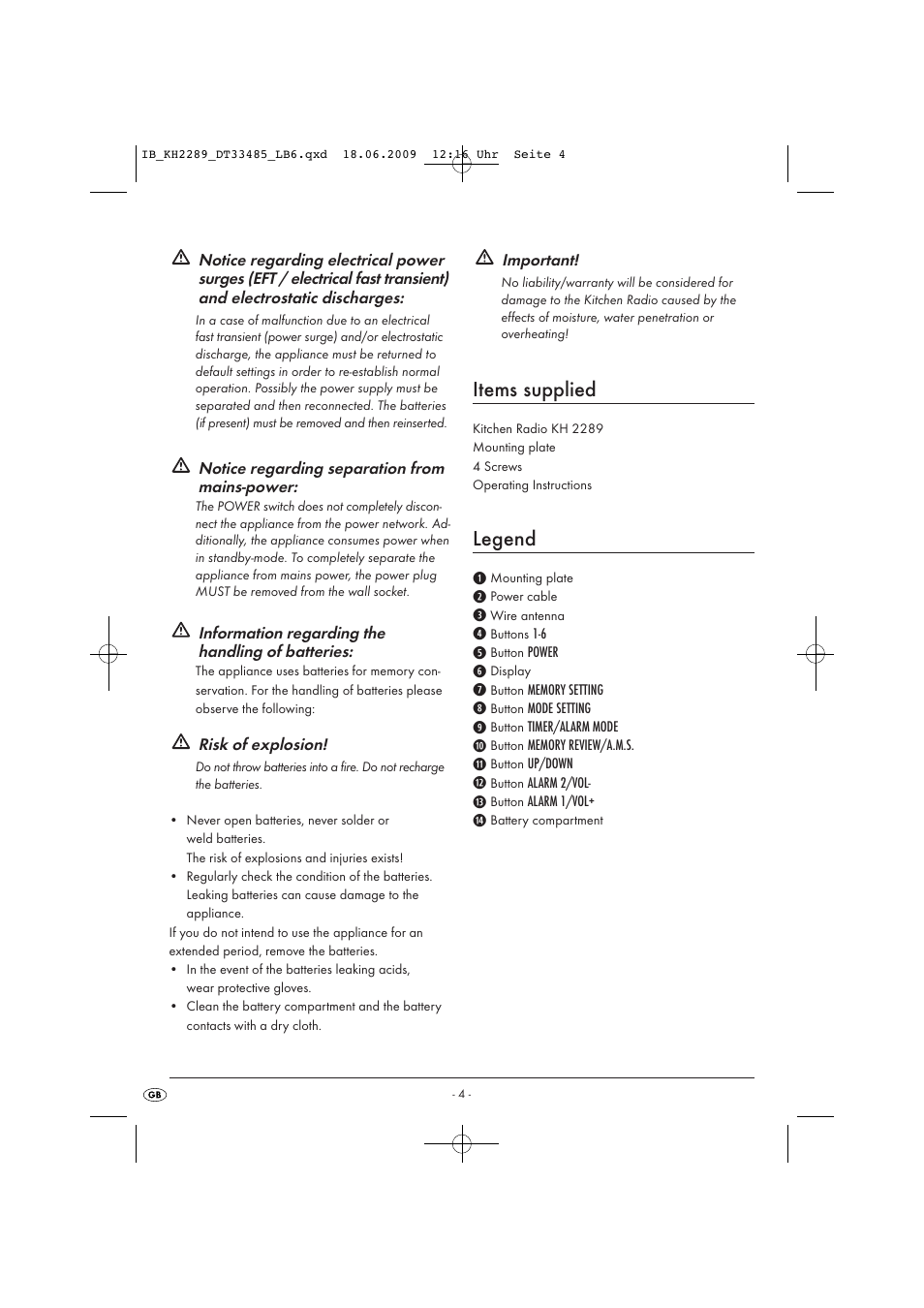 Items supplied, Legend | Silvercrest KH 2289 User Manual | Page 6 / 14