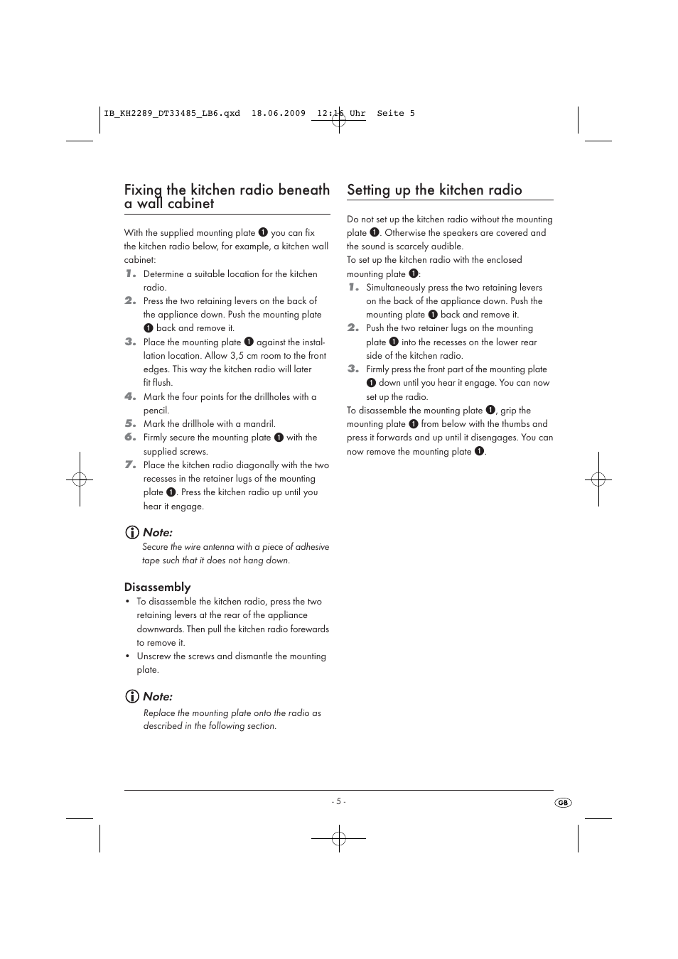 Fixing the kitchen radio beneath a wall cabinet, Setting up the kitchen radio | Silvercrest KH 2289 User Manual | Page 7 / 14