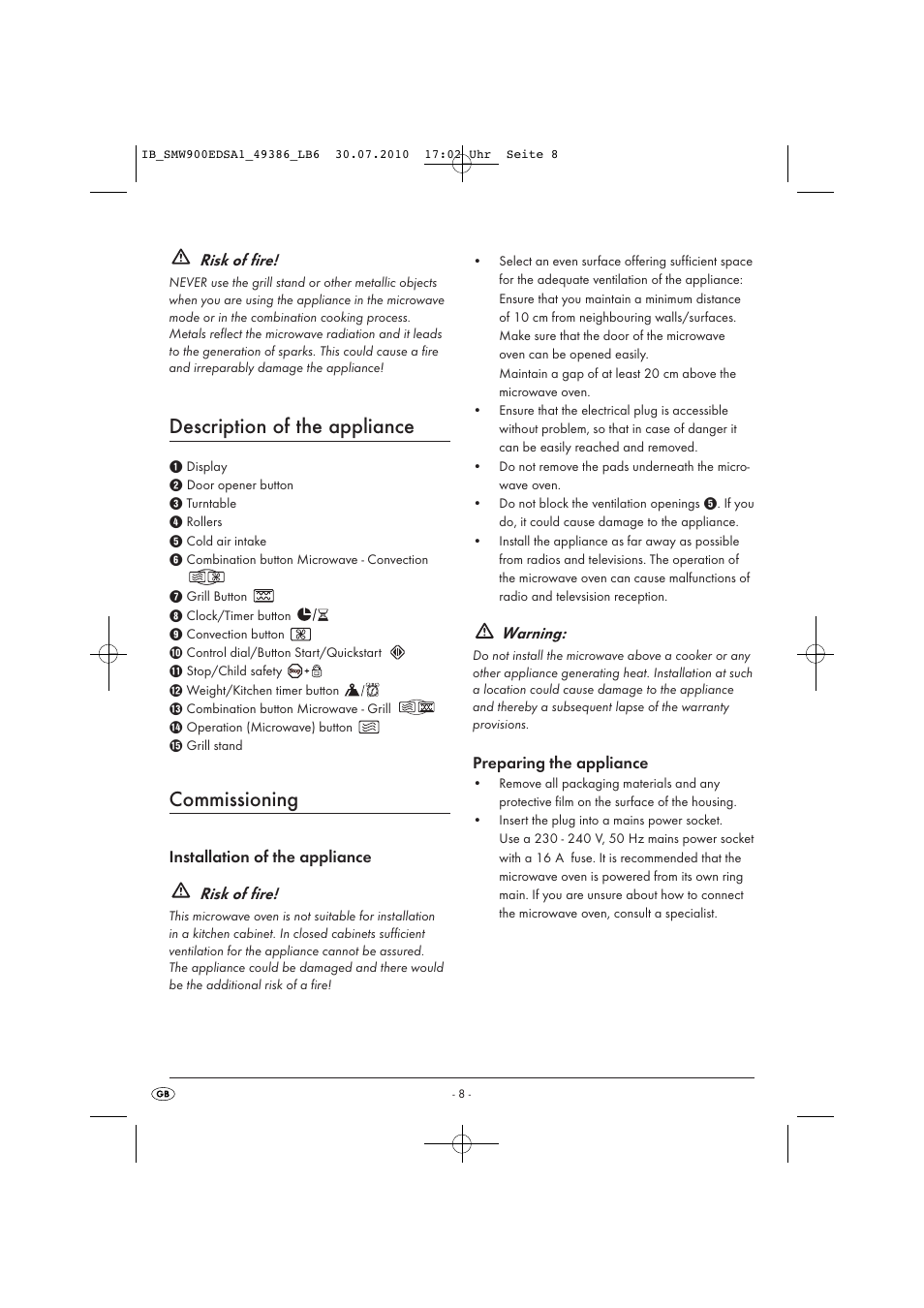 Description of the appliance, Commissioning | Silvercrest SMW 900 EDS A16 User Manual | Page 10 / 26