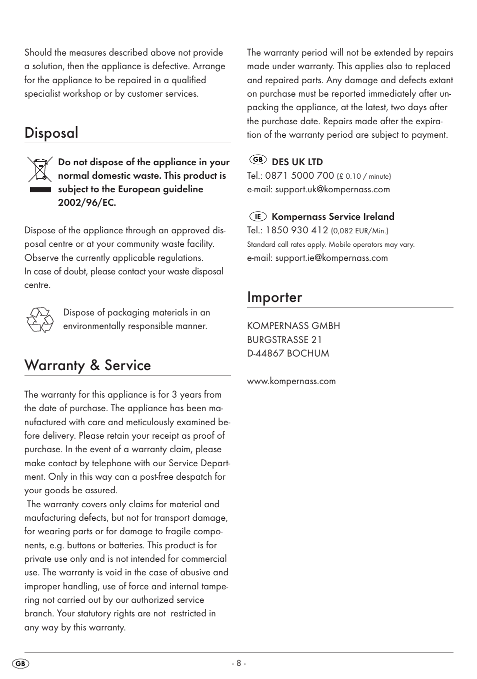 Disposal, Warranty & service, Importer | Silvercrest SKM550EDSA1-06/10-V3 User Manual | Page 10 / 23