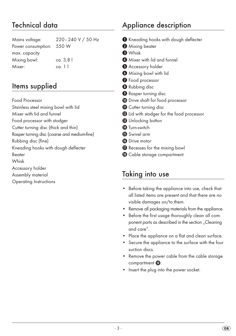 Technical data, Items supplied, Appliance description | Taking into use | Silvercrest SKM550EDSA1-06/10-V3 User Manual | Page 5 / 23