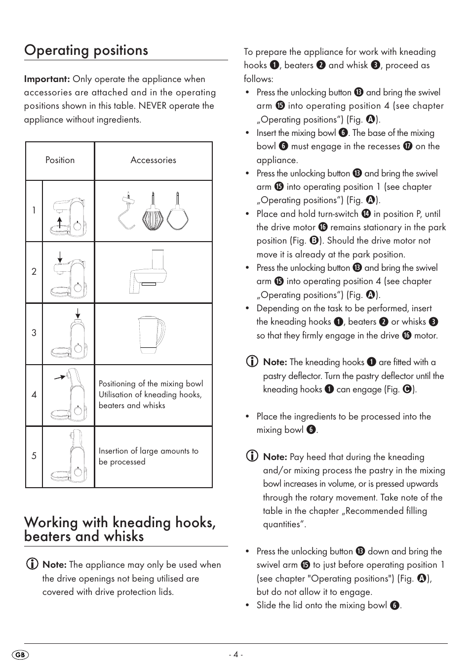 Operating positions, Working with kneading hooks, beaters and whisks | Silvercrest SKM550EDSA1-06/10-V3 User Manual | Page 6 / 23