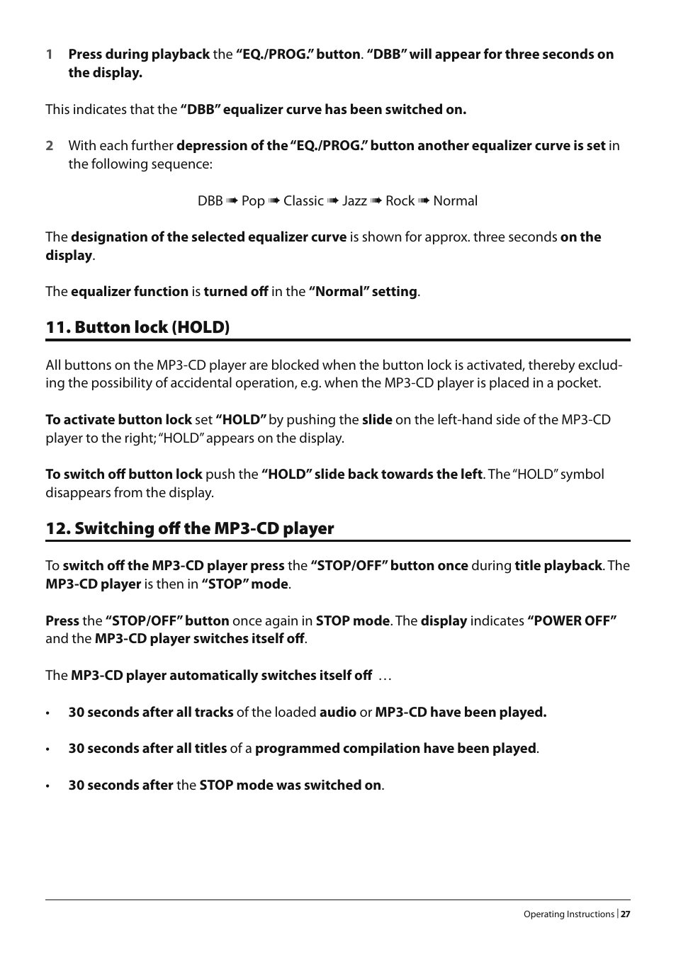 Button lock (hold), Switching off the mp3-cd player | Silvercrest KH 2280 User Manual | Page 25 / 30