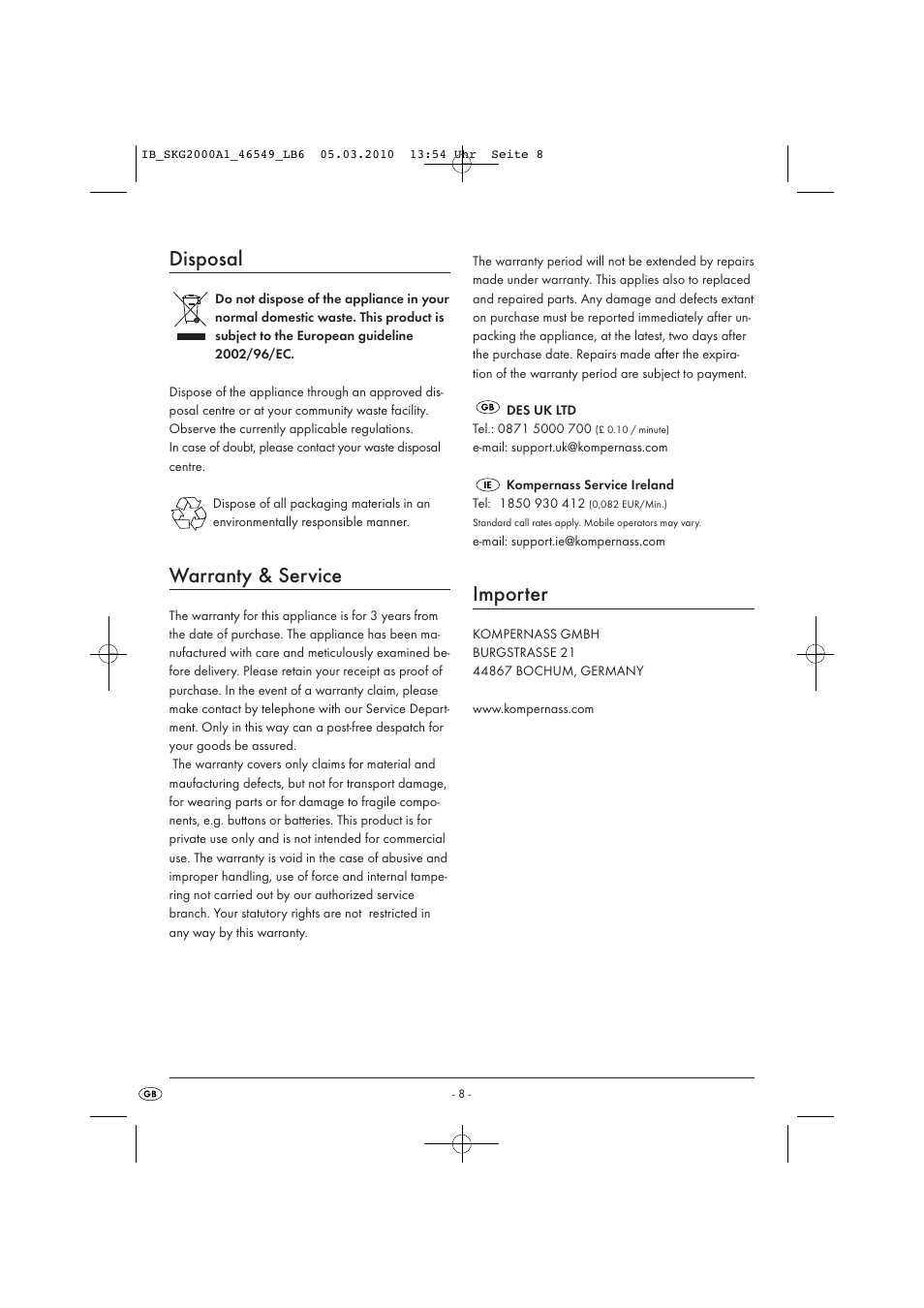 Disposal, Warranty & service, Importer | Silvercrest SKG 2000 A1 User Manual | Page 10 / 10