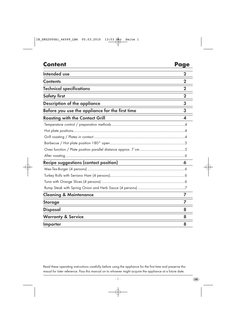 Content page | Silvercrest SKG 2000 A1 User Manual | Page 3 / 10