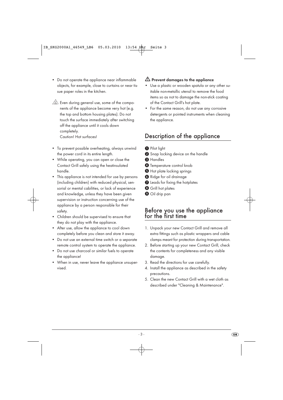 Description of the appliance, Before you use the appliance for the first time | Silvercrest SKG 2000 A1 User Manual | Page 5 / 10