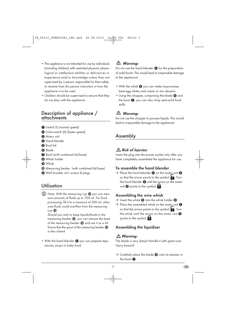 Description of appliance / attachments, Utilisation, Assembly | Silvercrest SSMS 600 A1 User Manual | Page 5 / 7