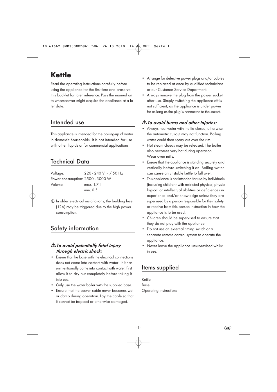 Kettle, Intended use, Technical data | Safety information, Items supplied | Silvercrest SWK 3000 EDS A1 User Manual | Page 3 / 6