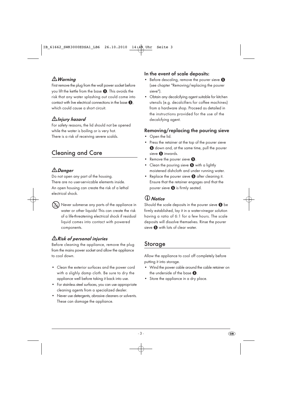 Cleaning and care, Storage | Silvercrest SWK 3000 EDS A1 User Manual | Page 5 / 6