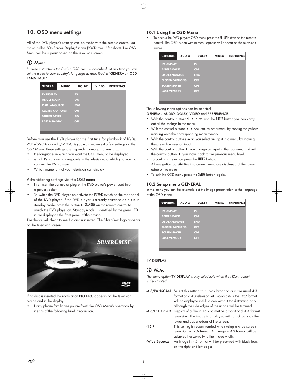 Osd menu settings, 1 using the osd menu, 2 setup menu general | Silvercrest KH 6523 User Manual | Page 10 / 26