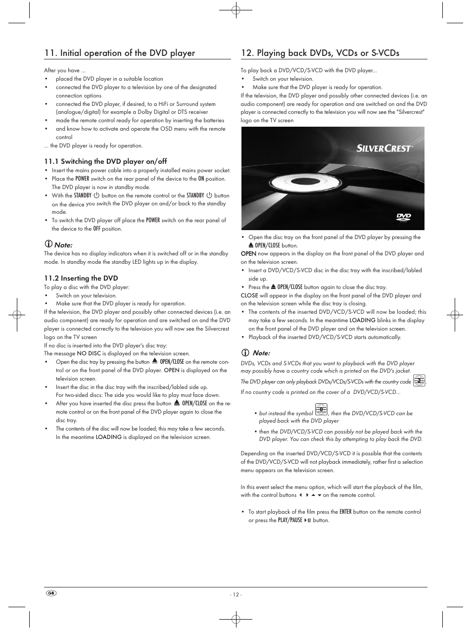 Initial operation of the dvd player, Playing back dvds, vcds or s-vcds | Silvercrest KH 6523 User Manual | Page 14 / 26