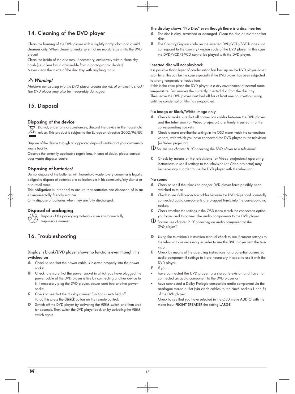 Cleaning of the dvd player, Disposal, Troubleshooting | Silvercrest KH 6523 User Manual | Page 20 / 26