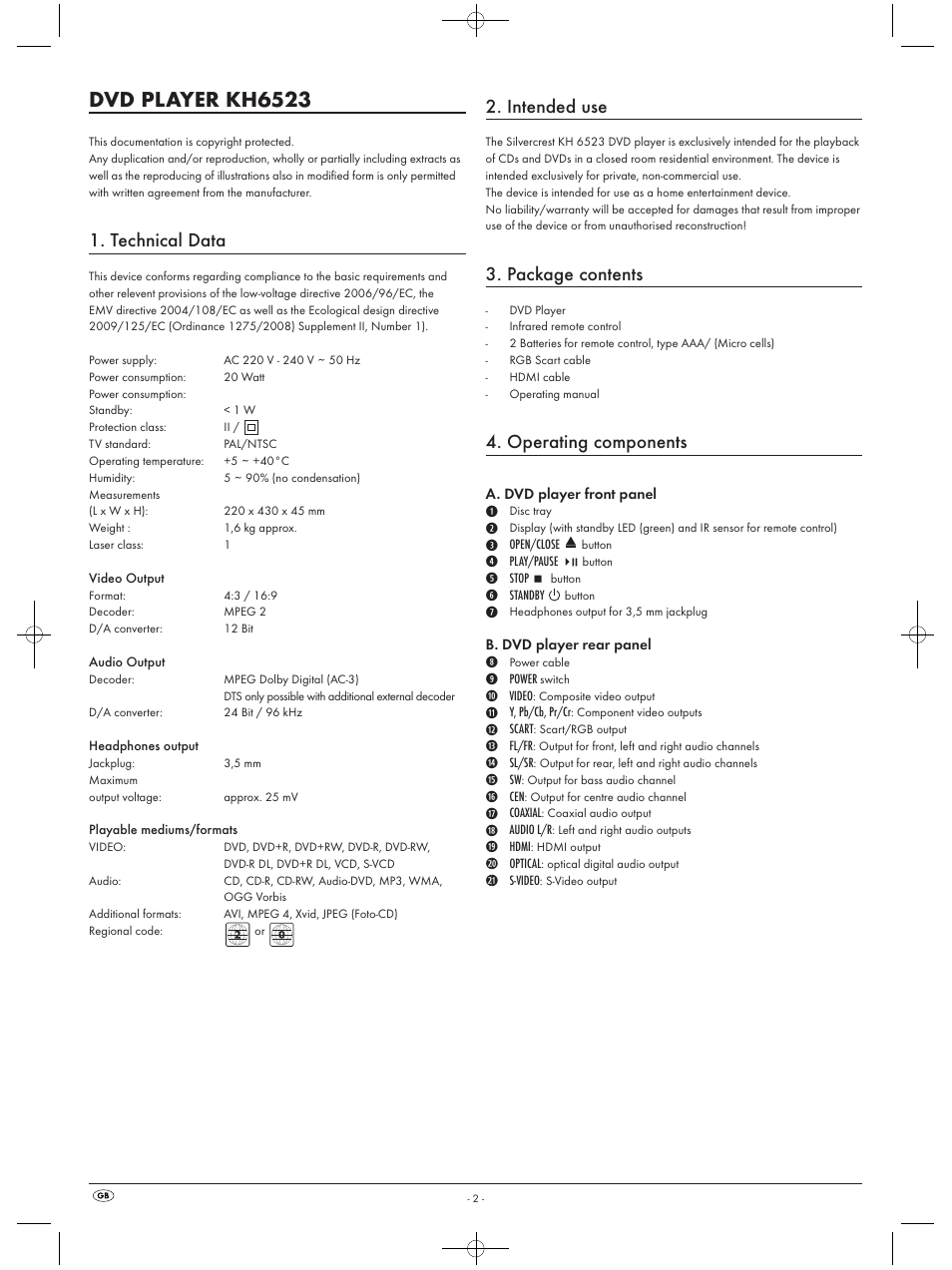 Dvd player kh6523, Technical data, Intended use | Package contents, Operating components | Silvercrest KH 6523 User Manual | Page 4 / 26