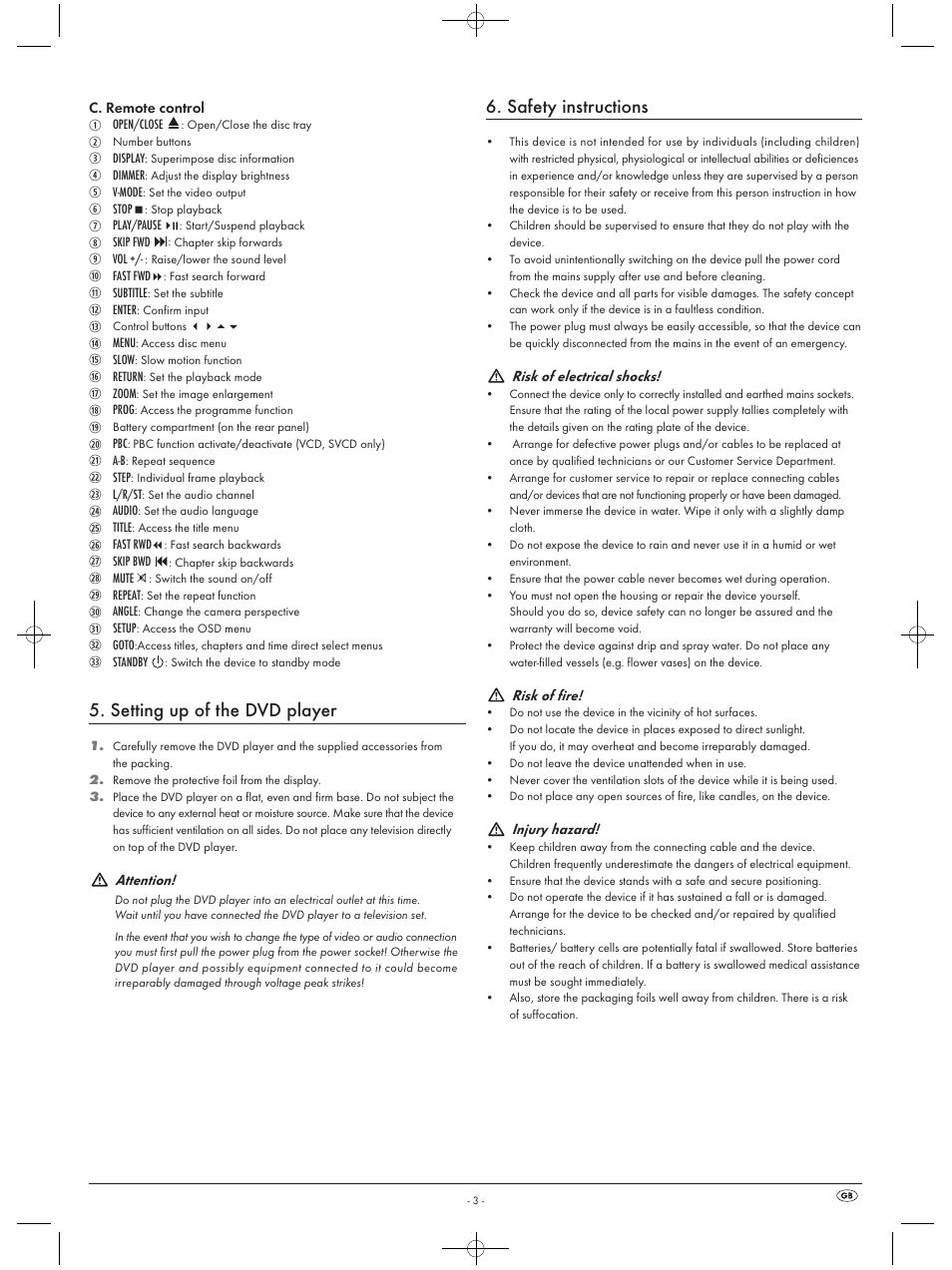 Setting up of the dvd player, Safety instructions | Silvercrest KH 6523 User Manual | Page 5 / 26