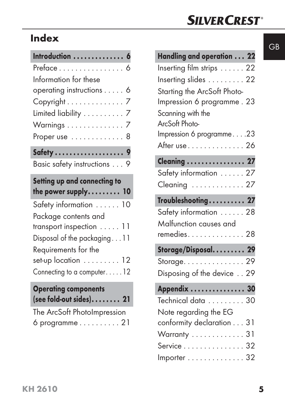 Index | Silvercrest KH2610 08/2009-V3 User Manual | Page 3 / 86