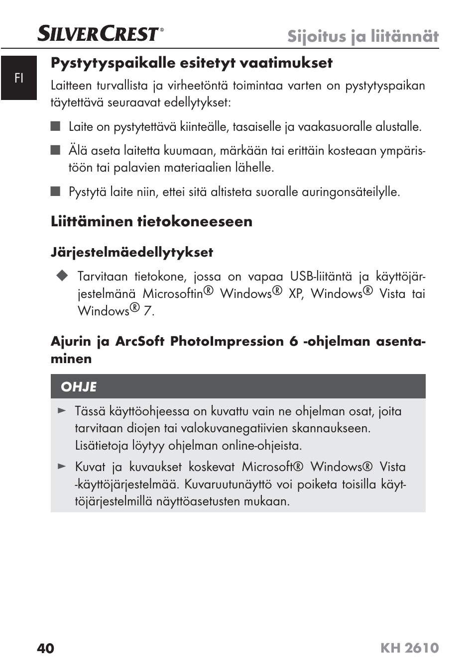 Sijoitus ja liitännät | Silvercrest KH2610 08/2009-V3 User Manual | Page 38 / 86