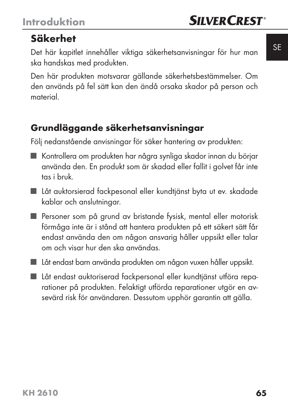 Introduktion, Säkerhet | Silvercrest KH2610 08/2009-V3 User Manual | Page 63 / 86