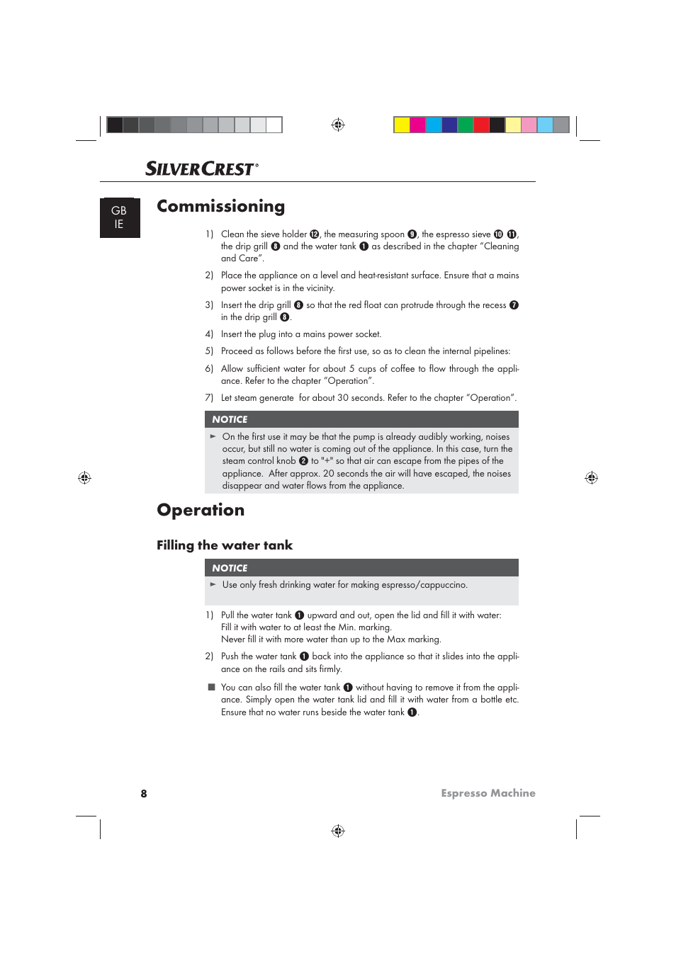 Commissioning, Operation, Filling the water tank | Silvercrest SEM 1100 A1 User Manual | Page 10 / 22