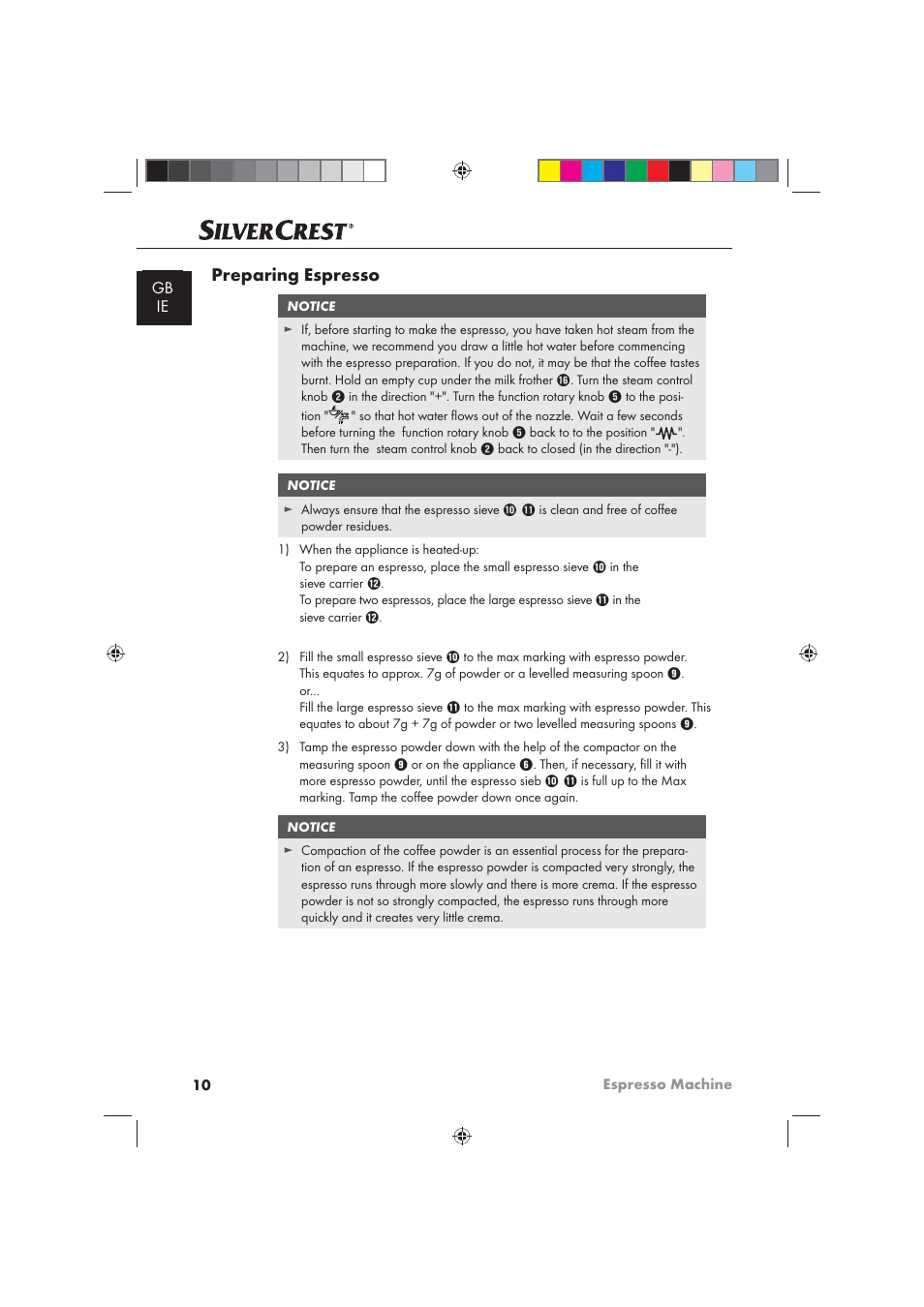 Preparing espresso | Silvercrest SEM 1100 A1 User Manual | Page 12 / 22