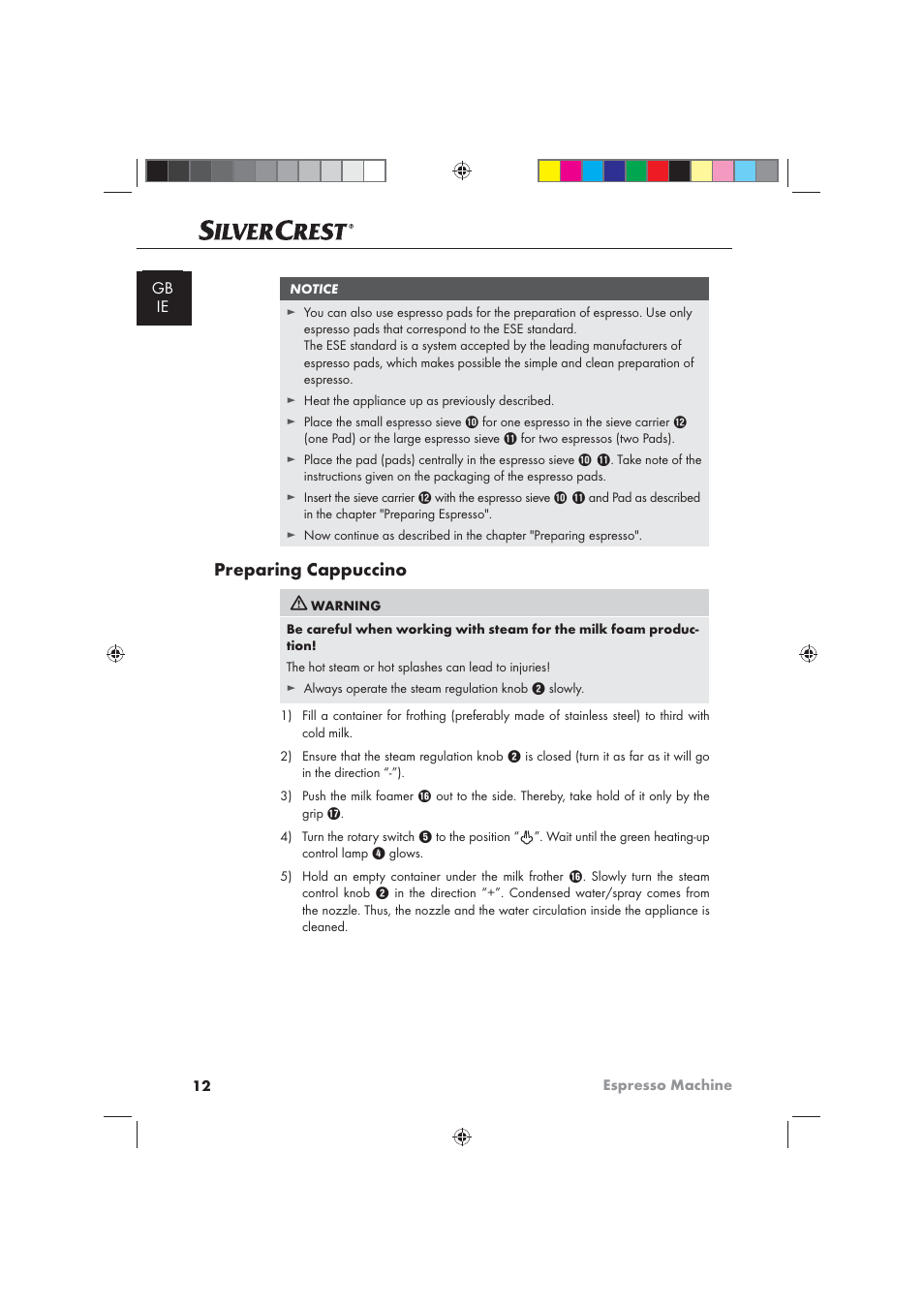 Preparing cappuccino | Silvercrest SEM 1100 A1 User Manual | Page 14 / 22
