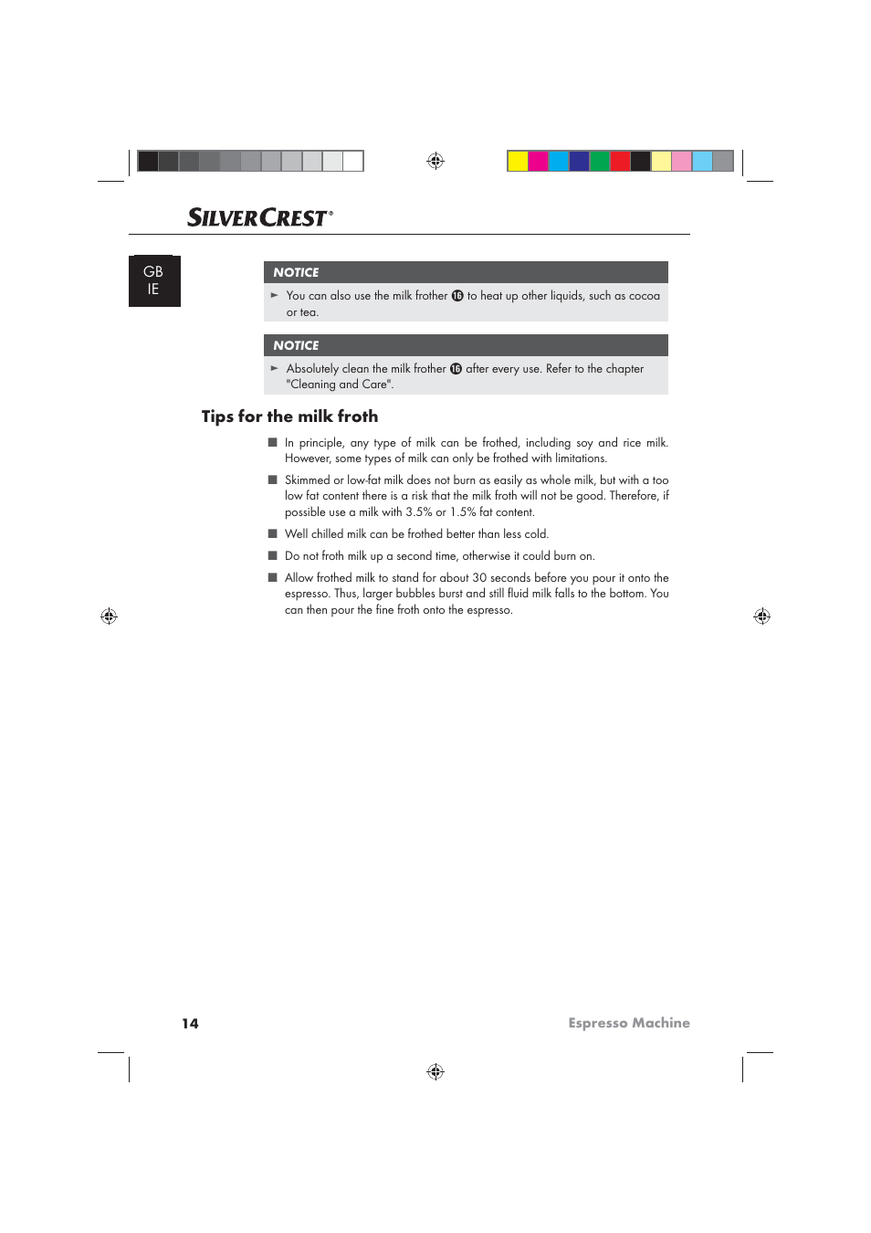 Tips for the milk froth | Silvercrest SEM 1100 A1 User Manual | Page 16 / 22