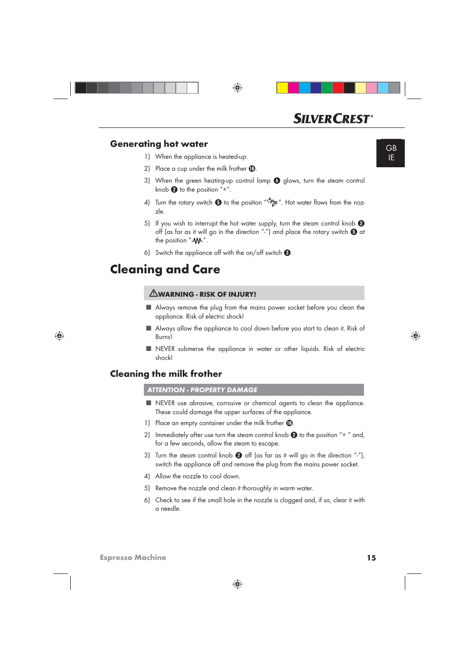 Cleaning and care, Generating hot water, Cleaning the milk frother | Silvercrest SEM 1100 A1 User Manual | Page 17 / 22