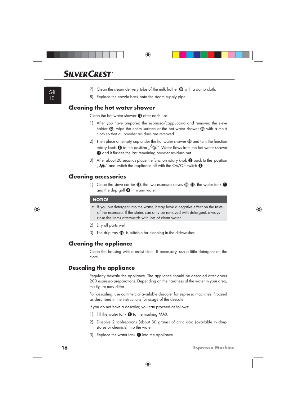 Cleaning the hot water shower, Cleaning accessories, Cleaning the appliance | Descaling the appliance | Silvercrest SEM 1100 A1 User Manual | Page 18 / 22