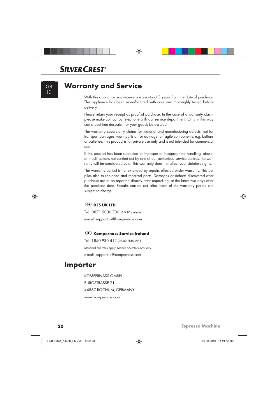 Warranty and service, Importer | Silvercrest SEM 1100 A1 User Manual | Page 22 / 22