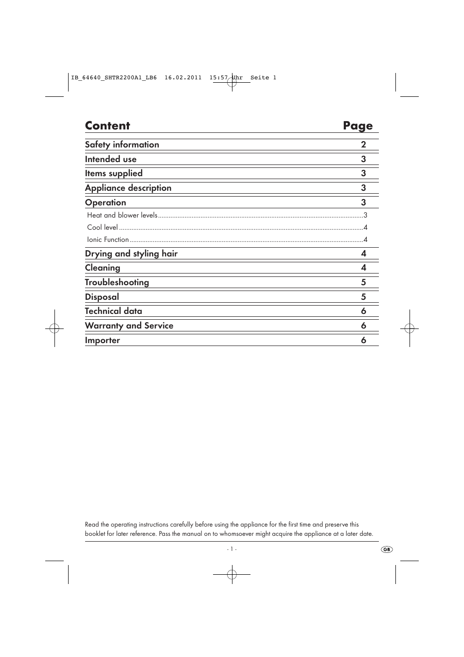 Content page | Silvercrest IONIC HAIRDRYER SHTR 2200 A1 User Manual | Page 3 / 8