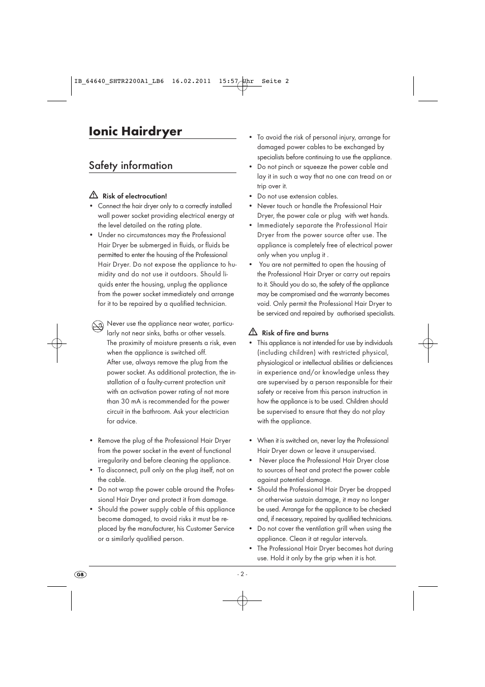 Ionic hairdryer, Safety information | Silvercrest IONIC HAIRDRYER SHTR 2200 A1 User Manual | Page 4 / 8