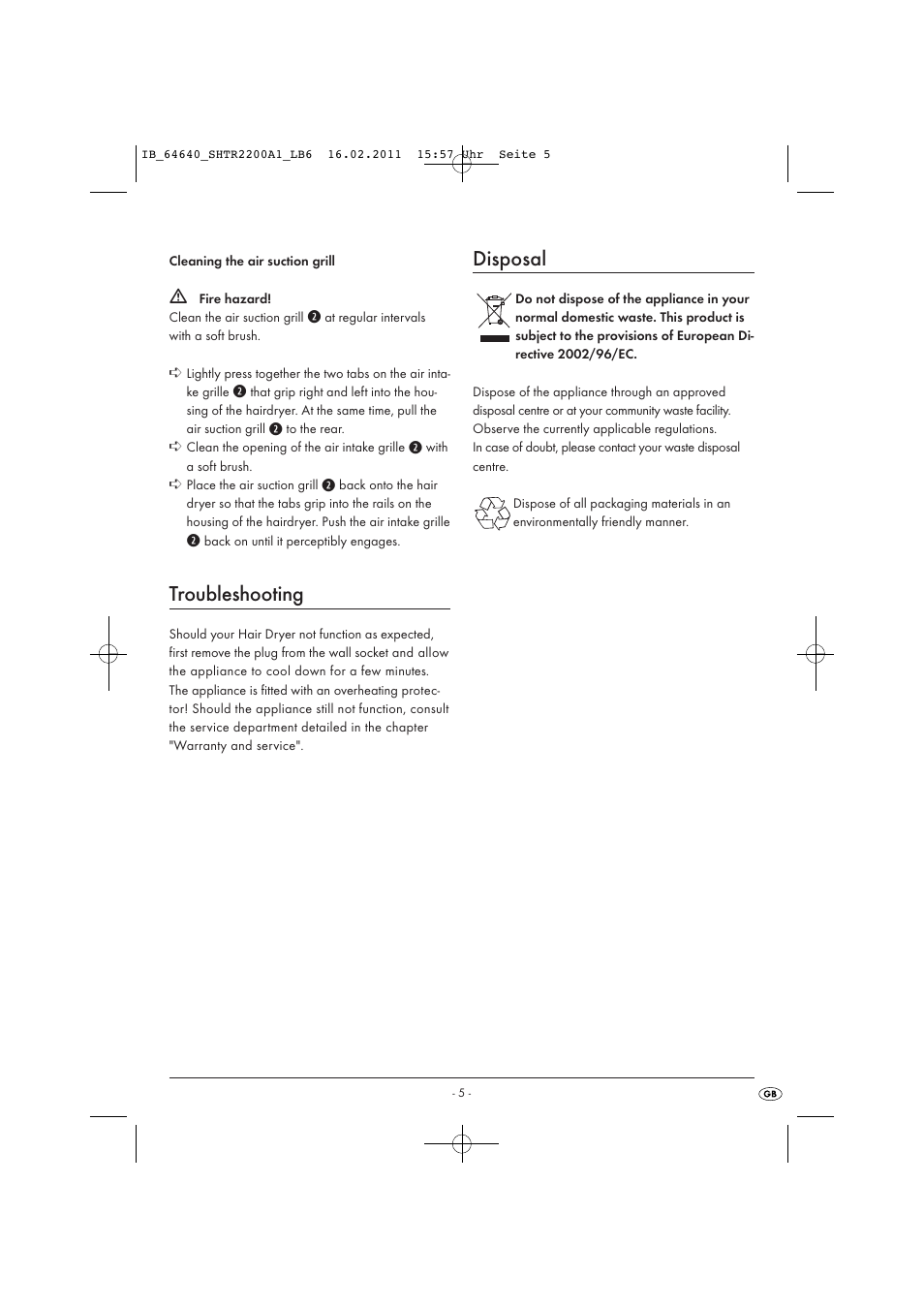 Troubleshooting, Disposal | Silvercrest IONIC HAIRDRYER SHTR 2200 A1 User Manual | Page 7 / 8