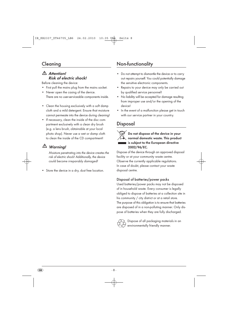 Cleaning, Non-functionality, Disposal | Silvercrest KH 2337 User Manual | Page 10 / 12