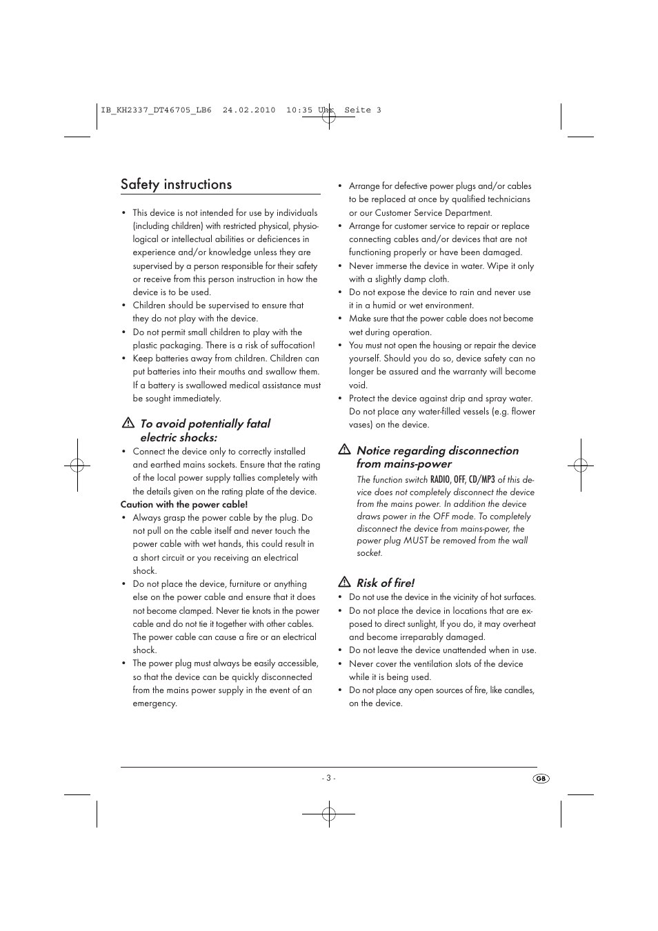 Safety instructions, Notice regarding disconnection from mains-power, Risk of fire | Silvercrest KH 2337 User Manual | Page 5 / 12