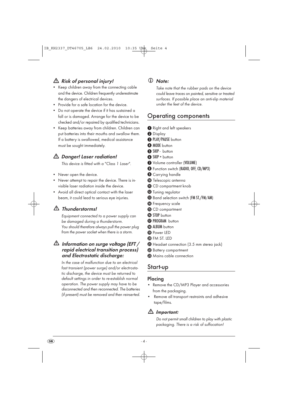 Operating components, Start-up | Silvercrest KH 2337 User Manual | Page 6 / 12
