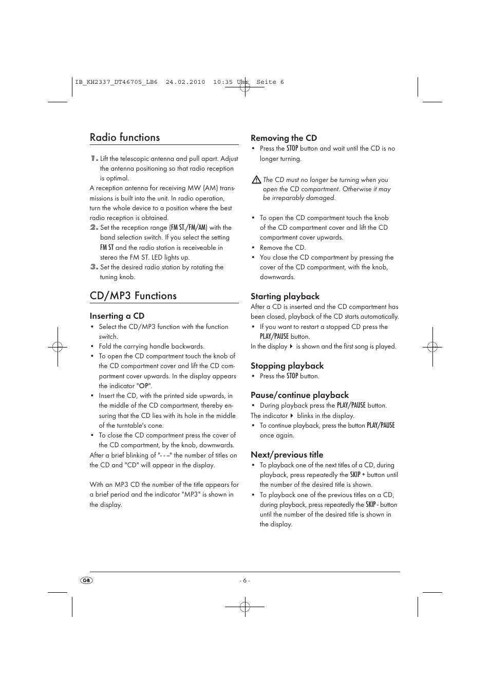 Radio functions, Cd/mp3 functions | Silvercrest KH 2337 User Manual | Page 8 / 12