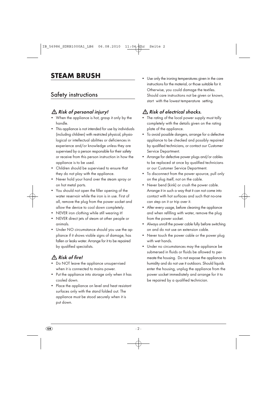 Steam brush, Safety instructions | Silvercrest SDRB 1000 A16 User Manual | Page 4 / 10